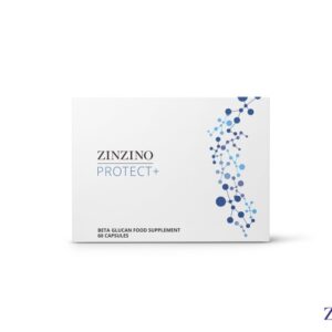 Produktbild von der Zinzino Protect Plus Schachtel. Ein Nahrungsergänzungsmittel mit 60 Kapseln. Auf der rechten Seite sind abstrakte Moleküle in Blautönen abgebildet.