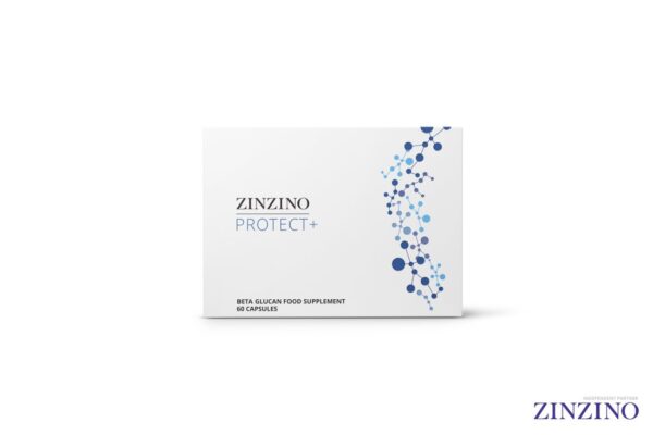Produktbild von der Zinzino Protect Plus Schachtel. Ein Nahrungsergänzungsmittel mit 60 Kapseln. Auf der rechten Seite sind abstrakte Moleküle in Blautönen abgebildet.
